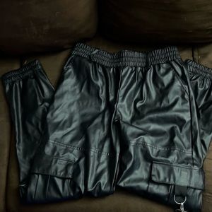 Black leather cargo joggers